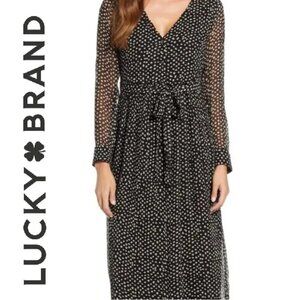 Lucky Brand Chiffon V Neck Maxi Dress in Black Confetti Dot, Opaque and Sheer